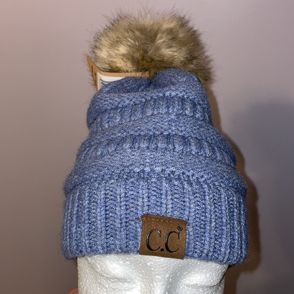 C.C. Exclusive Pom Knit Beanie Hat Denim Mix Color Blue - Picture 1 of 14